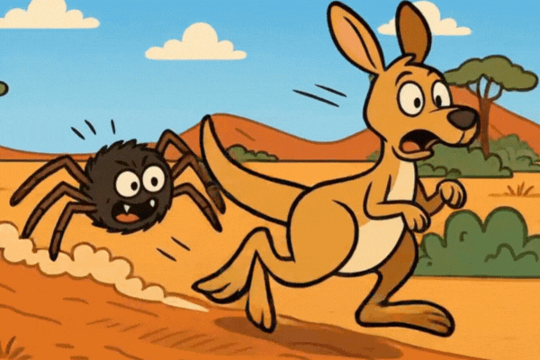Cartoon kangaroo being chased by a spider.