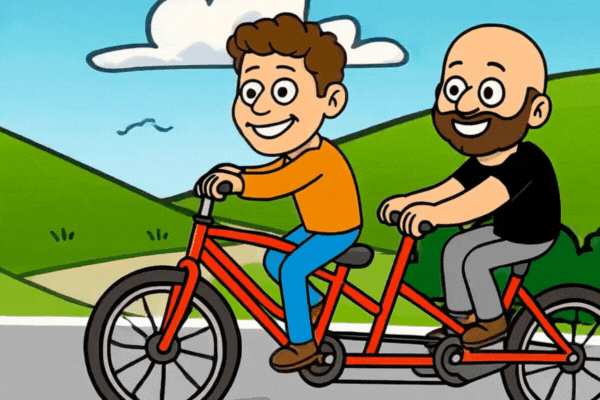 a cartoon illustration of Sam Altman and Jony Ive riding a tandem bike