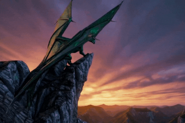 A dragon perched atop a mountain