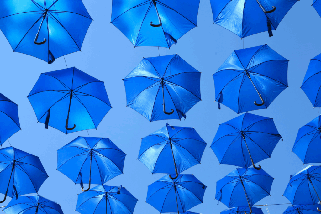 Many blue colorful umbrella street decoration over