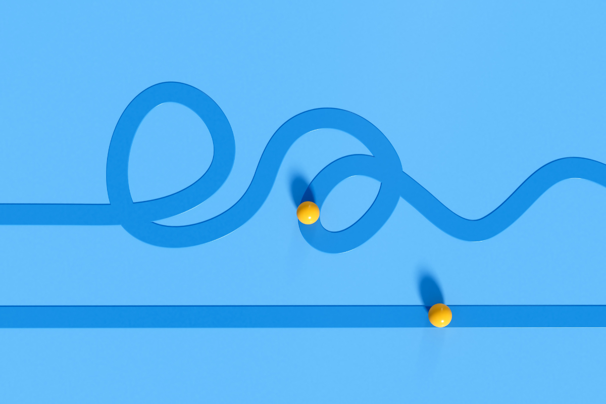 Straight line verses winding route. Path to success. Business strategic planning. 3D Rendering