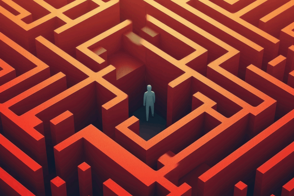 A person in a maze representing the challenge of understanding the many pathways of cognition. Psychology art concept. AI generation