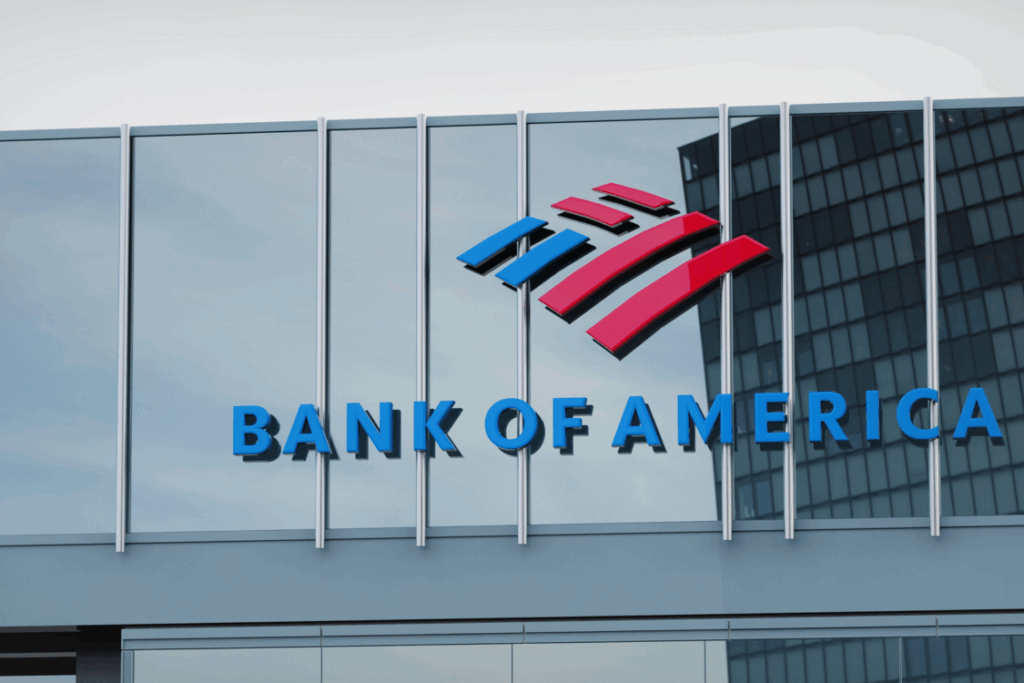 Los Angeles, USA - August 19, 2018 Bank of America only editorial Stock information on the logo of the office facade