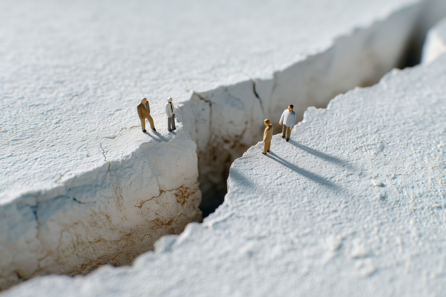 Downloaded The Deep Divide: A thought-provoking visual metaphor where miniature figures stand at the edge of a vast chasm, symbolizing a divide in a conceptual representation.