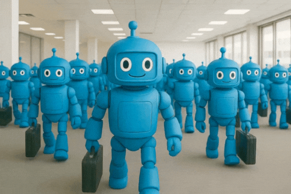 Blue robots walking in an office.