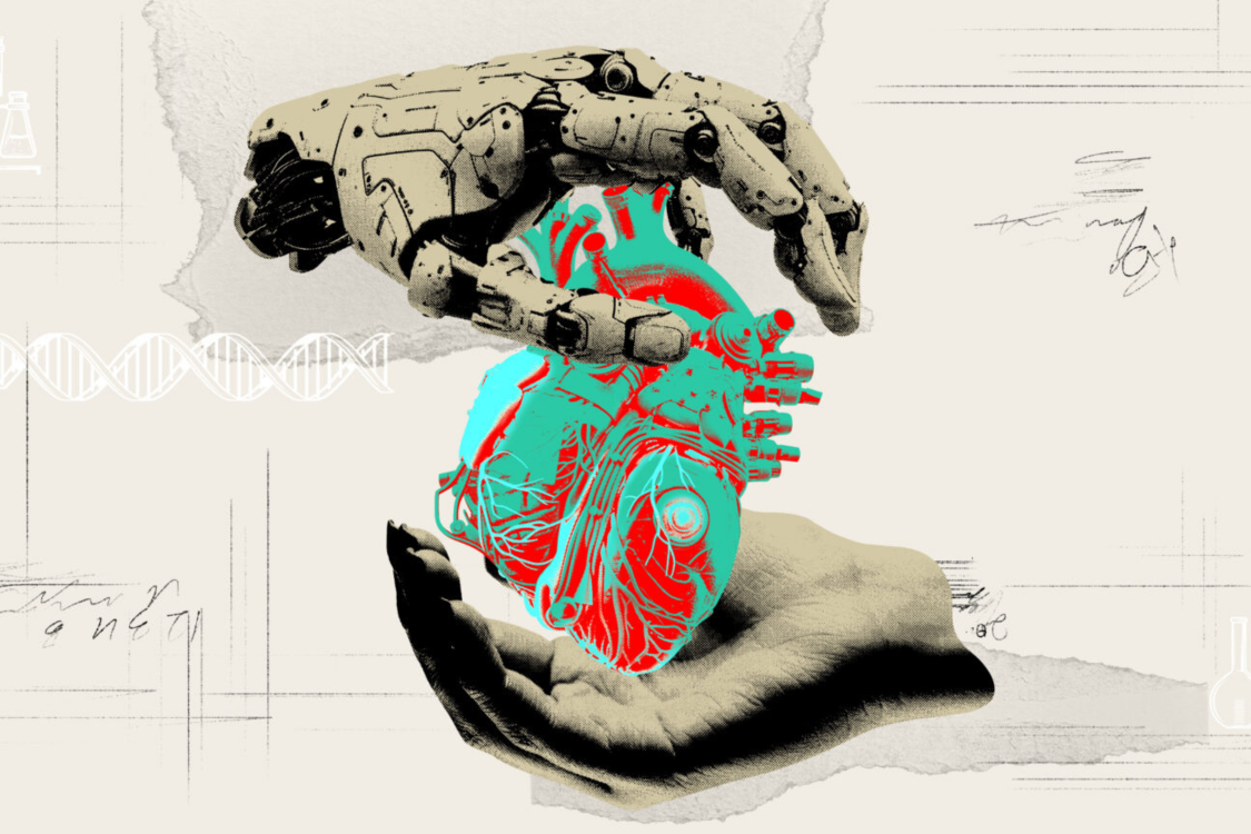 Heart with mechanical gears and electronic circuits. Biomechanical engineering. Enhancing human health and longevity. Contemporary art collage.