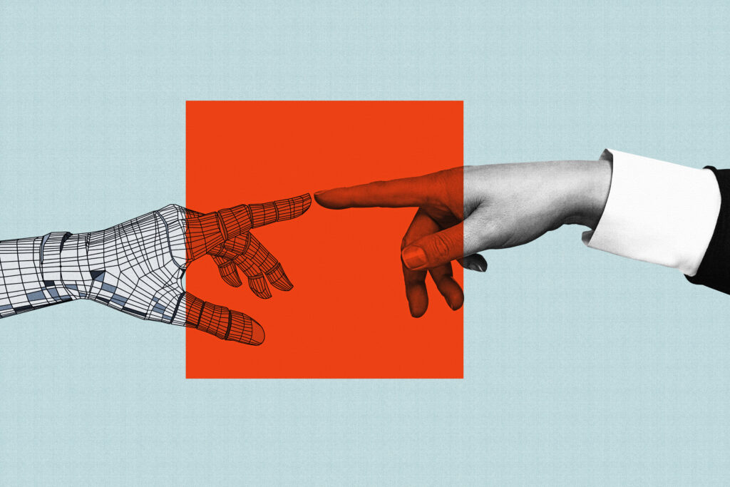 cyborg robotic hand pointing his finger to human hand with stretched finger in red focus - Design for banner, flyer, poster, cover or brochure