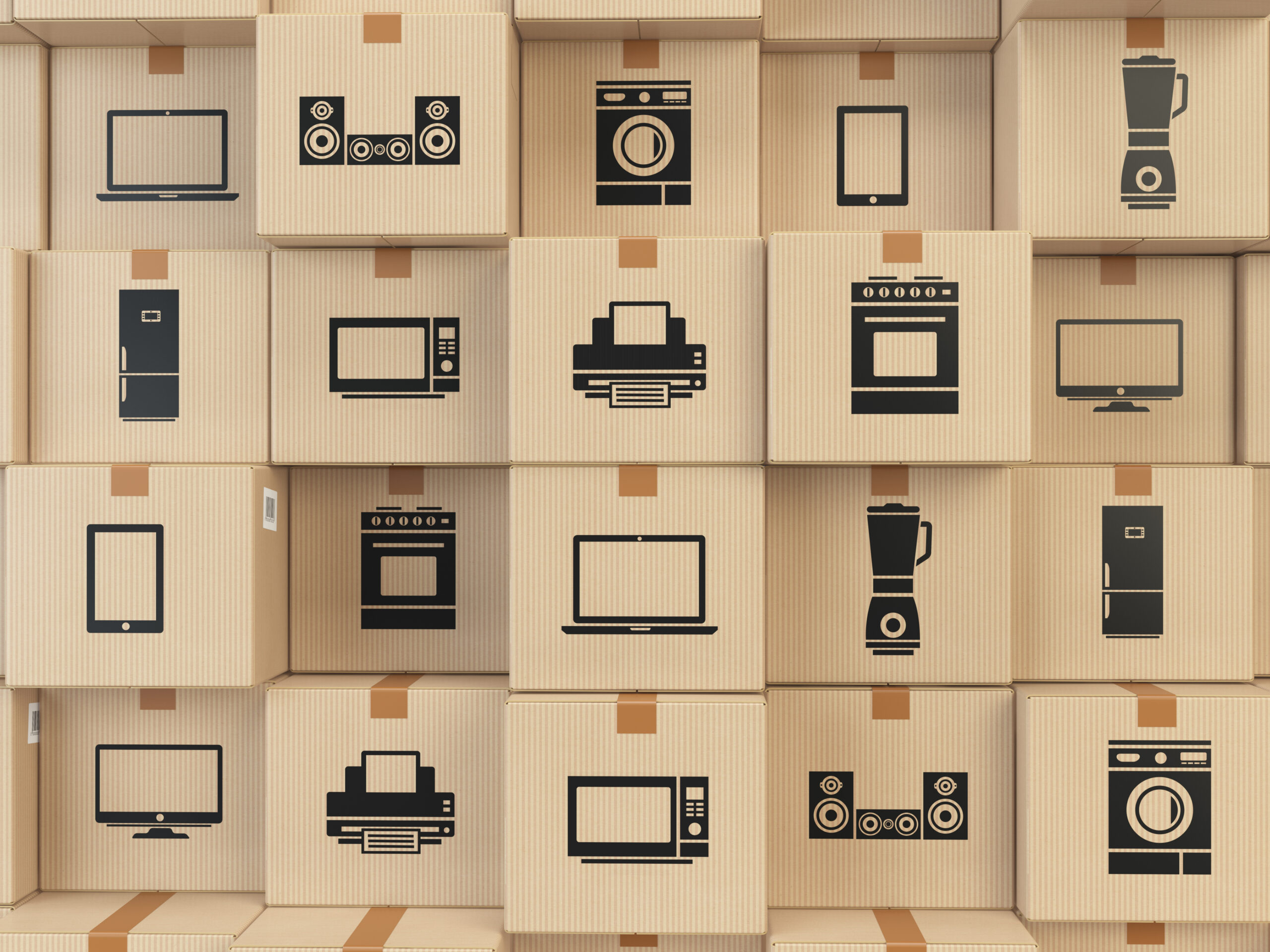 E-commerce, internet online shopping and delivery concept. Household kitchen appliances and home technics in boxes .