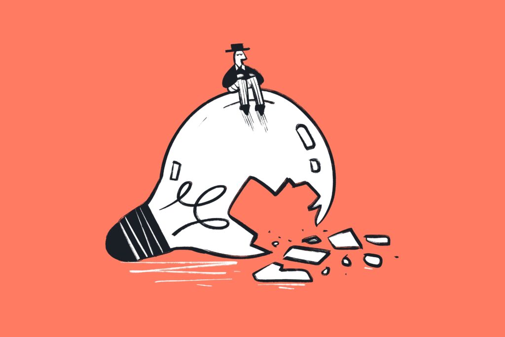 Comic strip cartoony style funny for article, web, socials, post - Lightbulb idea broken, no solution for problems