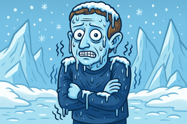 A cartoon drawing of Mark Zuckerberg freezing in an icy cold environment