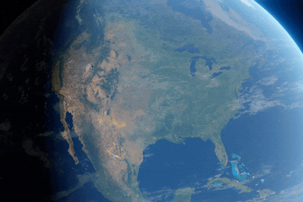 3D Animation showing the USA from space during the transition from day to night
