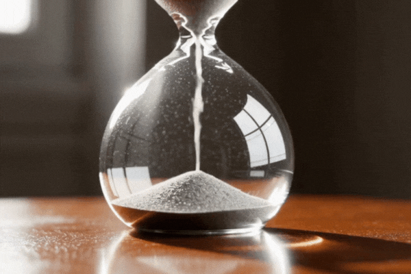 Sand flowing in hourglass on table.
