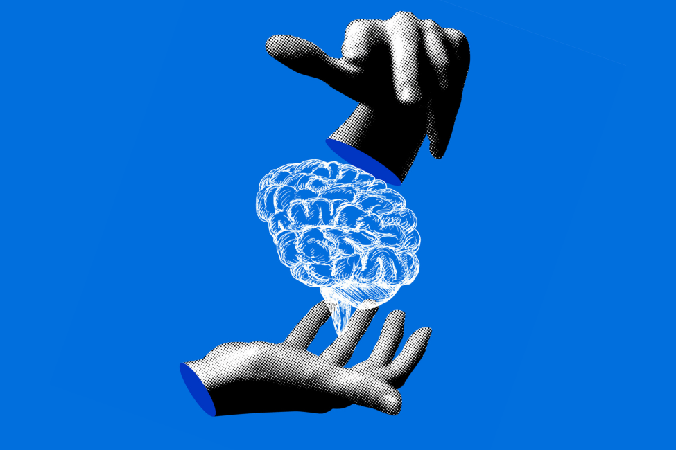 Modern collage with halftone hands and human brain. Knowledge concept. Idea generation. Сoncept of artificial intelligence