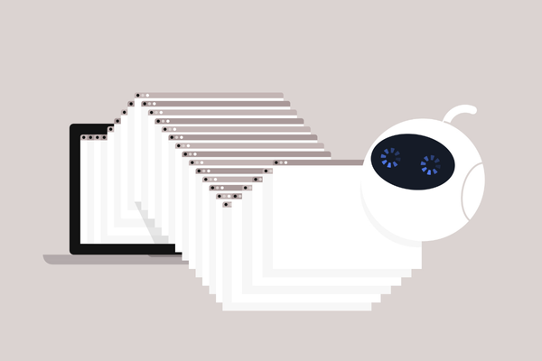 A futuristic assistant freezes the overwhelming number of open browser tabs on a laptop