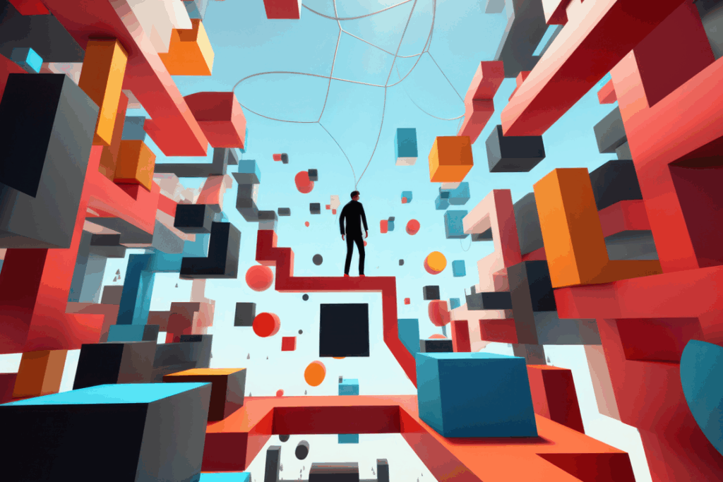 man flying through metaverse VR headset, modern futuristic virtual reality augmented reality experience, future matrix meta