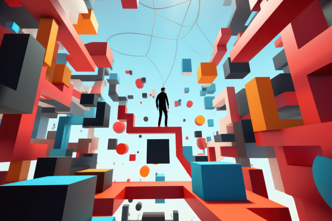 man flying through metaverse VR headset, modern futuristic virtual reality augmented reality experience, future matrix meta