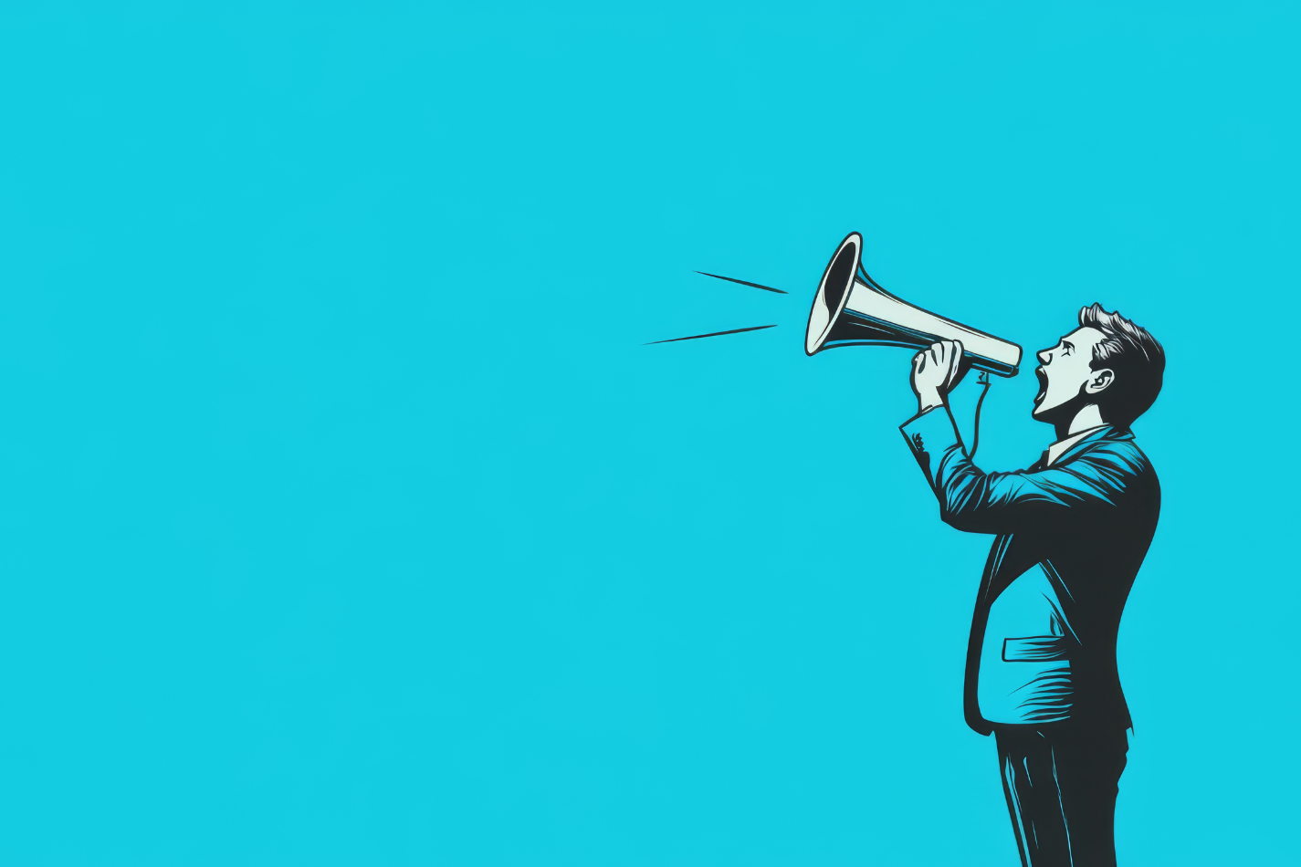 Man announces news via megaphone, blue background, marketing concept