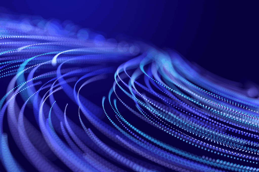 Abstract glitter particles in dark space. Network data transfer concept. 3D rendering.