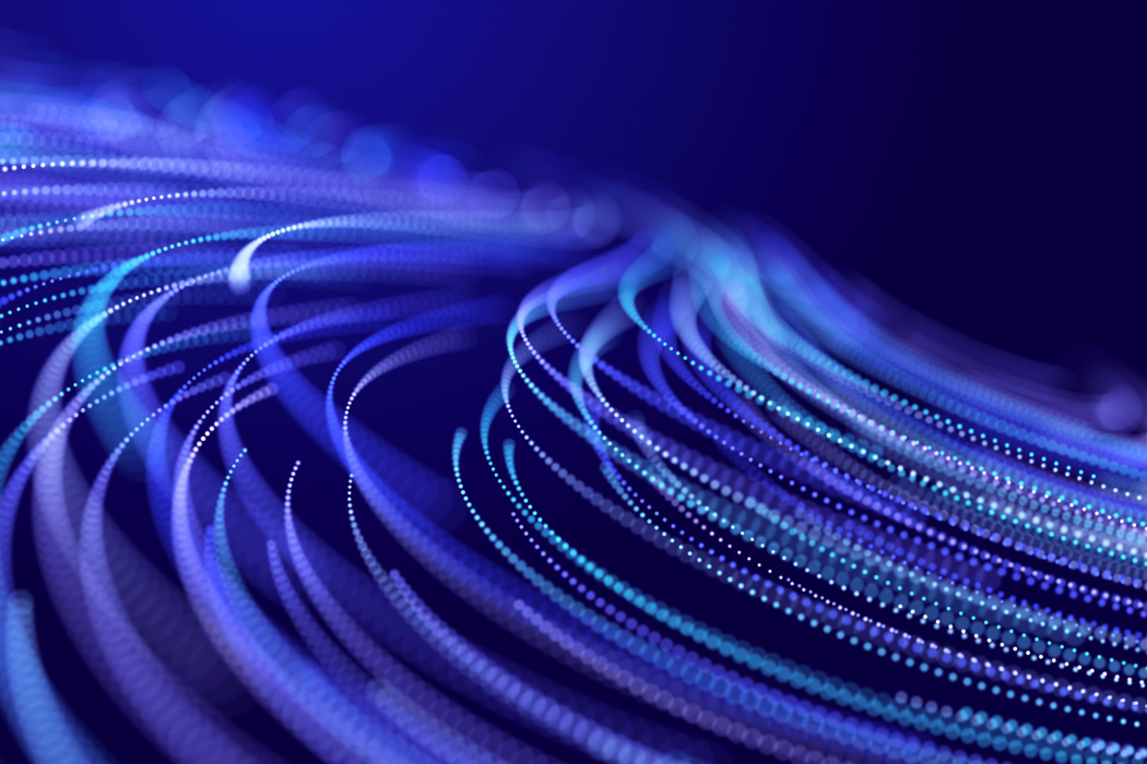 Abstract glitter particles in dark space. Network data transfer concept. 3D rendering.