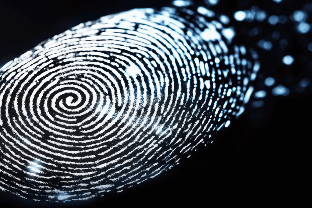 A shimmering fingerprint against a dark background, symbolizing identity, security, and individuality.