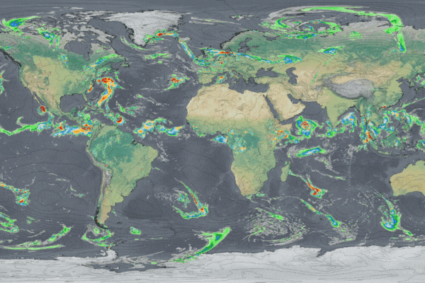 The weather map recreates intense rainfall over World, the storms show the progress of rain patterns in the region.