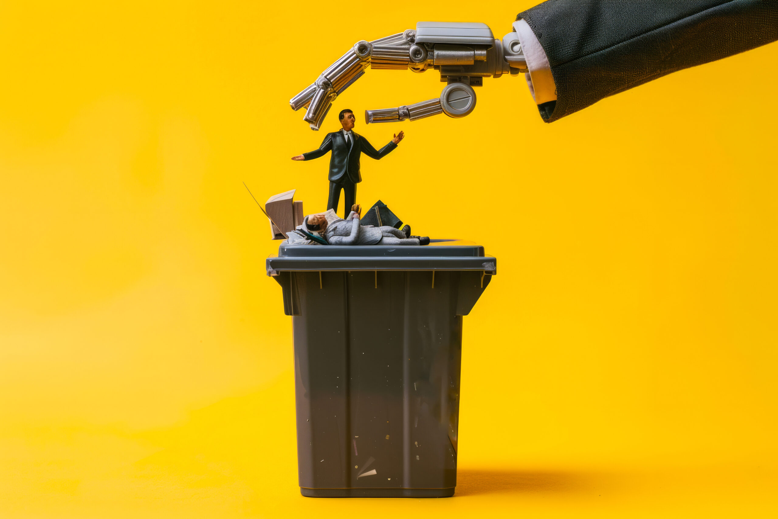 Robot hand throwing a businessman into a garbage can, over yellow background.