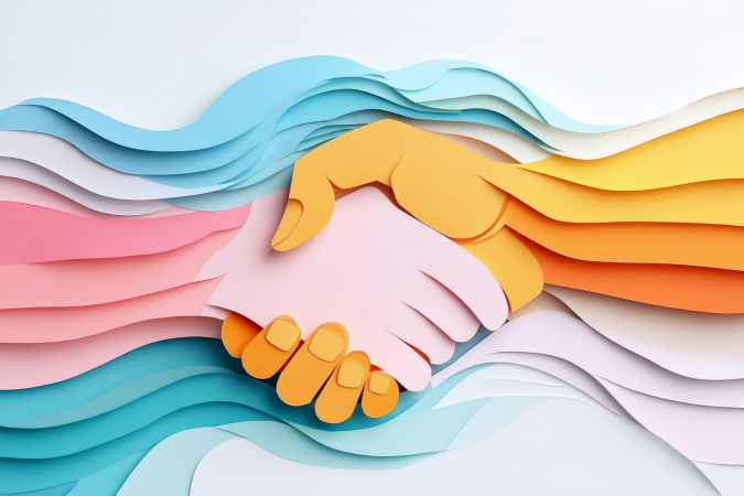 Colorful paper cut-out illustration of a handshake symbolizing partnership, teamwork, and agreement amid abstract flowing waves in various colors.