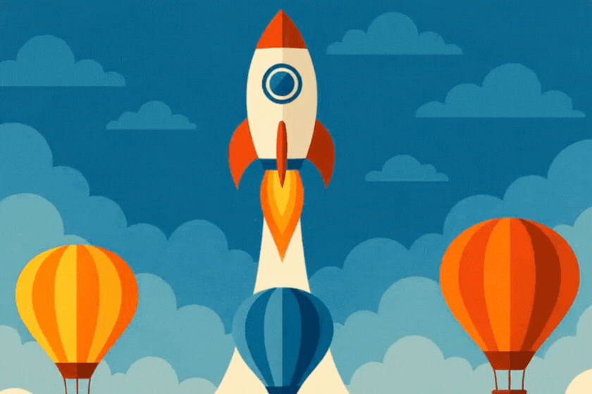 Rocket soaring above hot air balloons