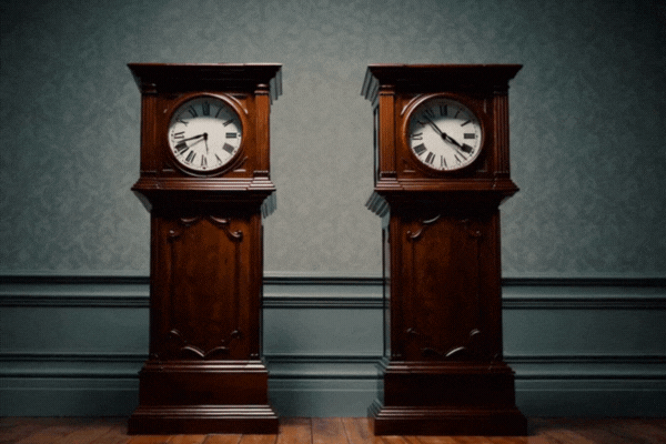 Two grandfather clocks side by side, one racing ahead, the other moving slowly.