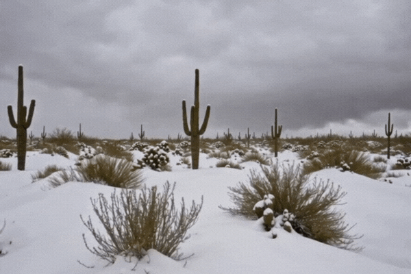 A blizzard in a hot and dry desert with traditional desert foliage like cacti being covered in snow.