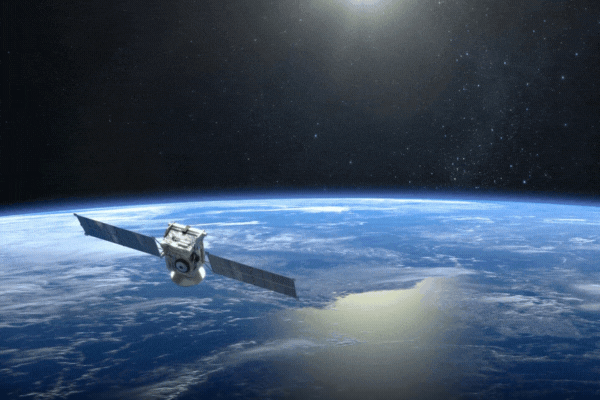 The satellite scan and monitor the Earth. The satellite slowly flies away. The earth rotates slowly. 4K.