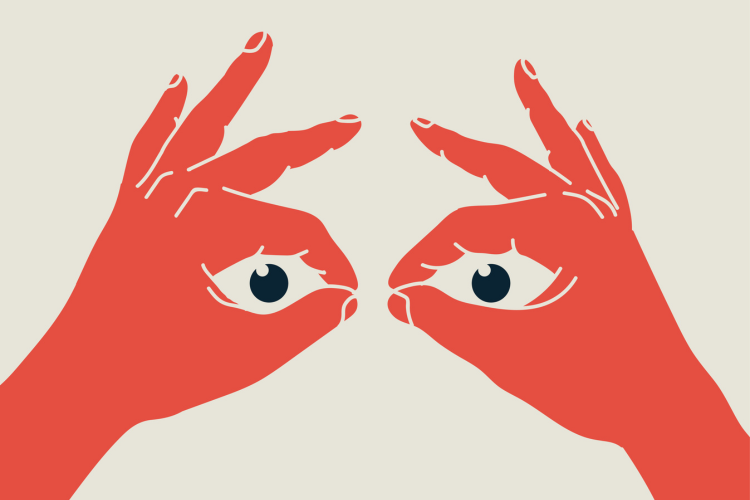 Hands make binoculars and eyes look through them.