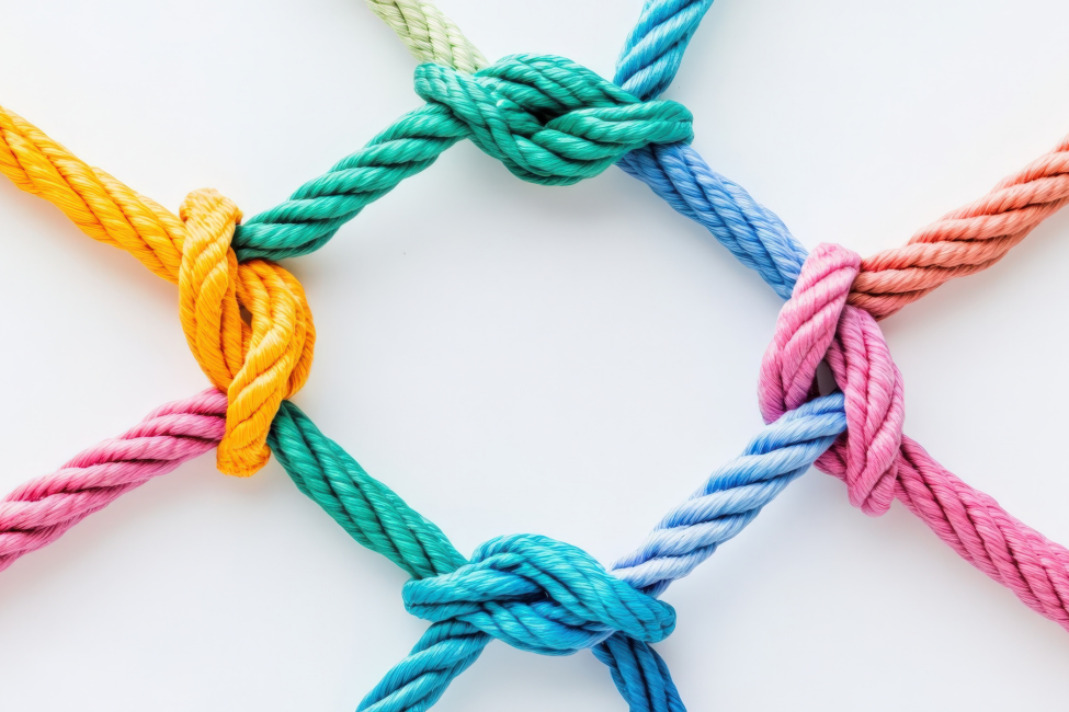 Close up of a colorful rope net with knots on white background