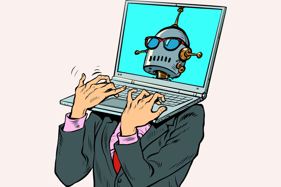 Pop art robots laptop laptop instead of a head. Electronic device laptop computer. Office work