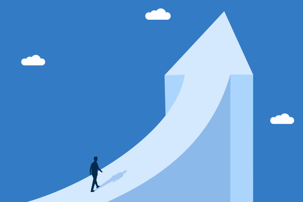 Growth path, Businessman walking on the growth arrow