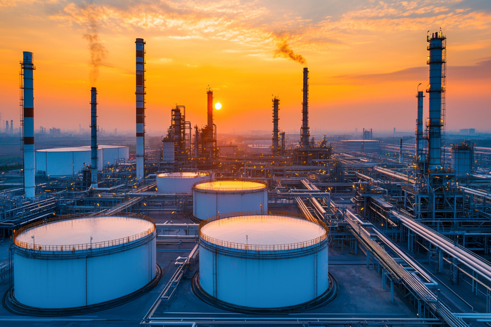 Industrial refinery at sunset with pipelines and storage tanks, highlighting modern energy infrastructure and engineering.