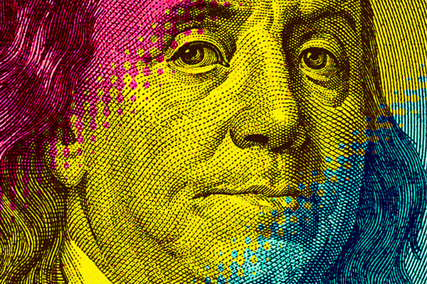 Contemporary artwork close up president banknotes face. Digital texture backdrop. Trendy pop art fun culture. Neural network art poster. Funky punk collage design. Creative concept money illustration.
