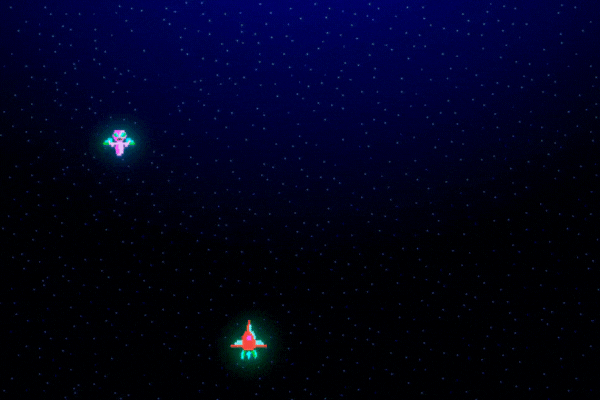 Classic Retro Arcade Space Shooter Computer Game Animation. Galactic War in Modern Colors. Space Ship Shooting Aliens With Lasers Pixelated 2D Gameplay.