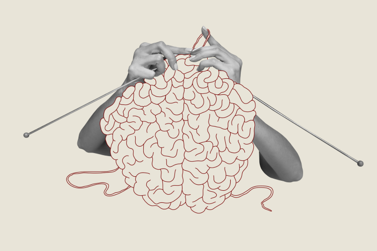 Human hands knitting brain.