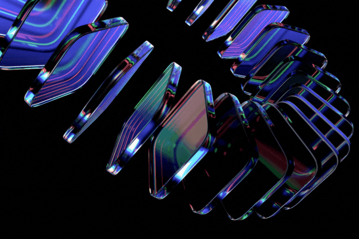 Abstract geometric animation, rotating colorful glass blocks on a black background