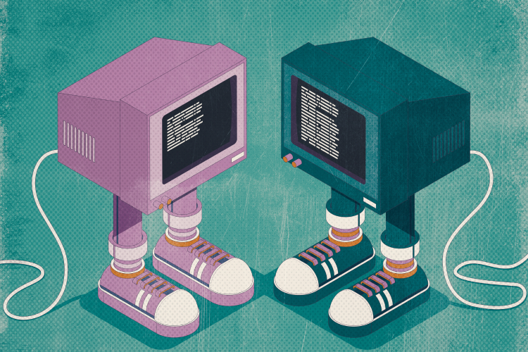 Old computer characters looking at each other and communicating through code