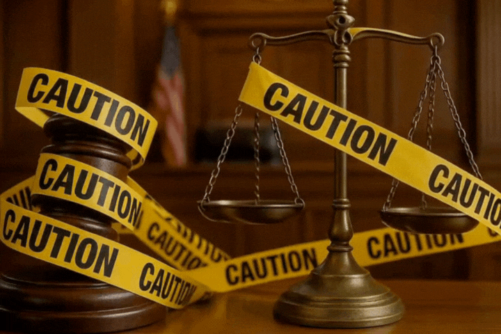 A gavel and the scales of justice with caution tape wrapped around them.