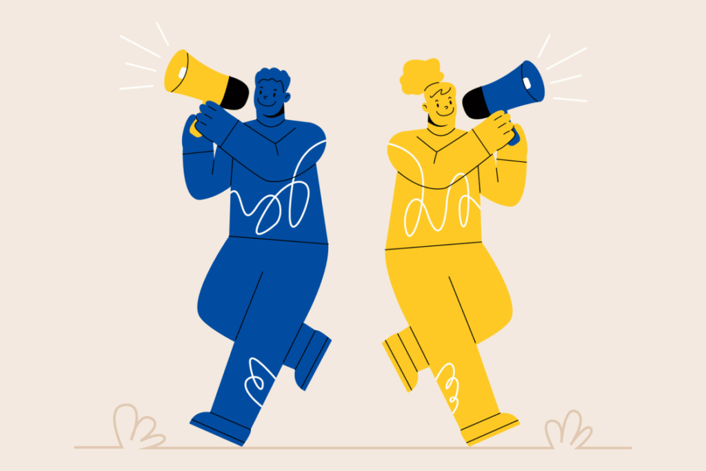 Man and woman standing speaking shouting. Announcement and promotion concept. Colorful vector illustration