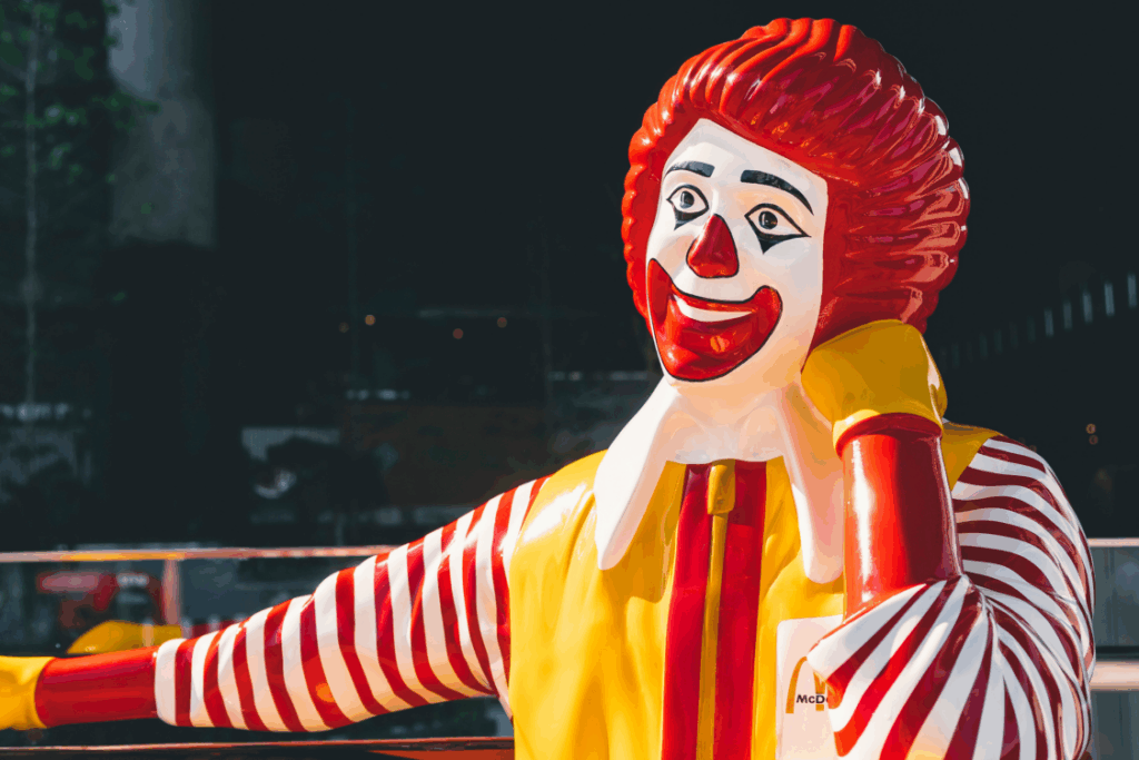 Mc Donald Mascot relax on bench Brand Figure shop outdoor BANGKOK, THAILAND - 10 OCT, 2019