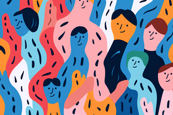 Downloaded Abstract illustration, diverse group of people. Modern and simplistic art style, with each individual represented by a unique color, emphasizing diversity and inclusivity.