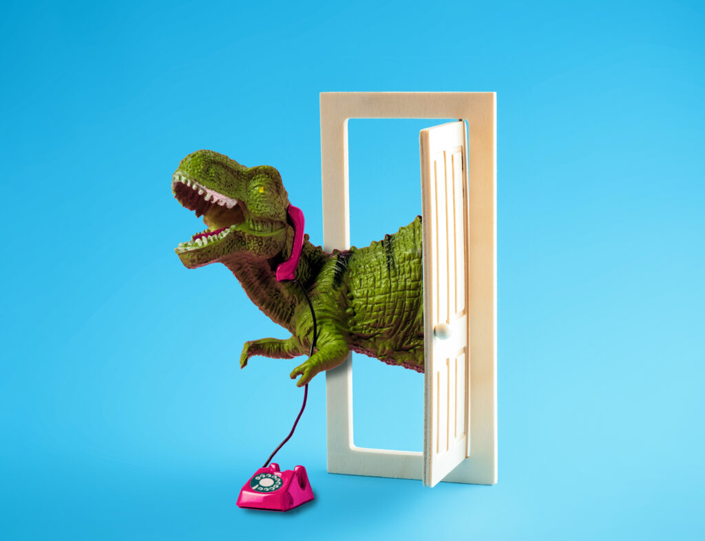 Open door with dinosaur speaking on phone on blue background. Modern minimal art poster.