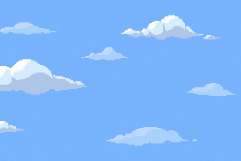 Pixel art clouds floating horizontally on blue sky background.