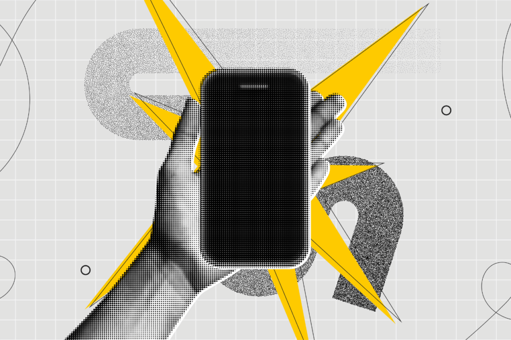 Trendy Halftone Collage Hand holds Mobile Phone with empty screen