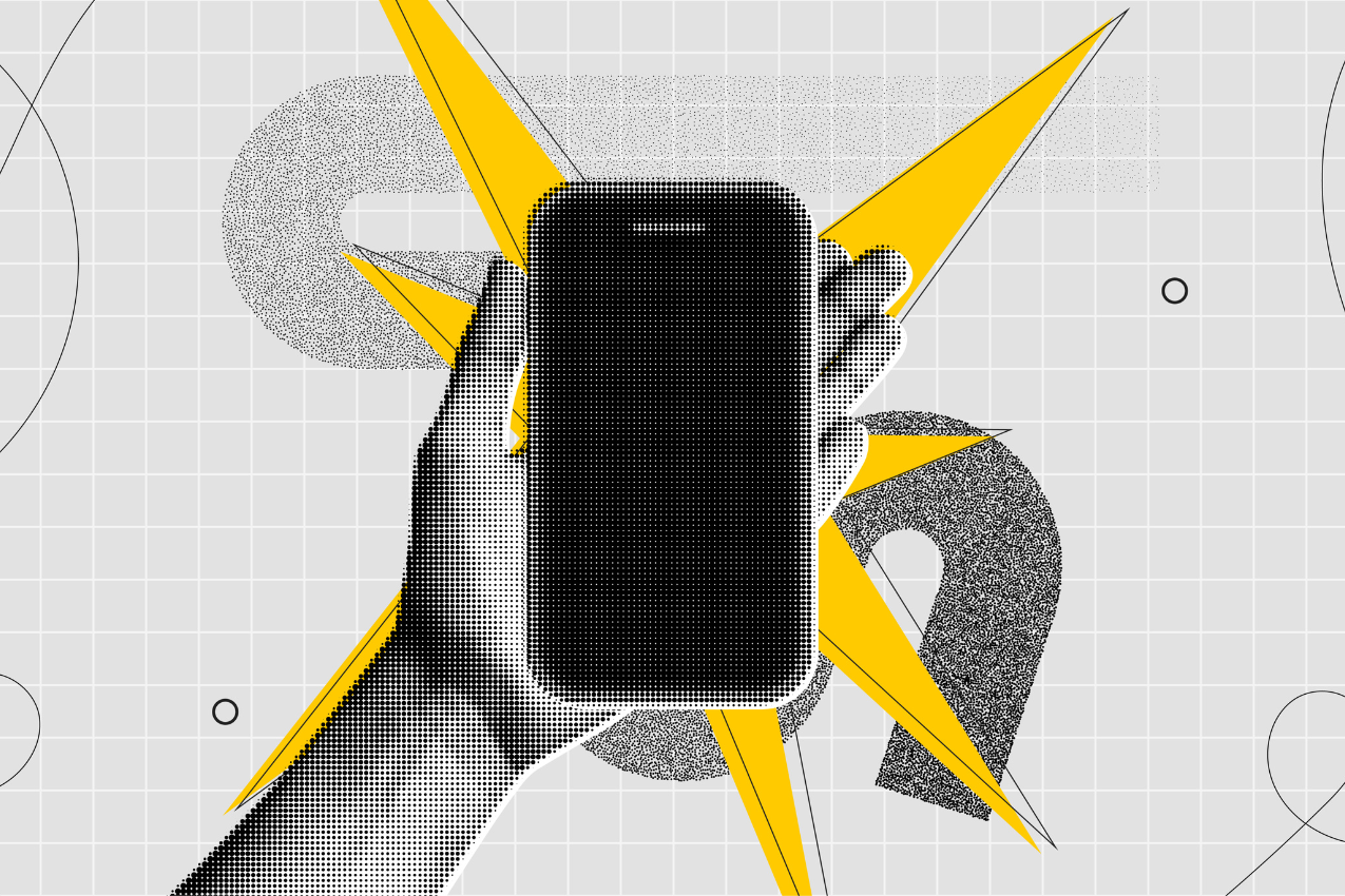 Trendy Halftone Collage Hand holds Mobile Phone with empty screen