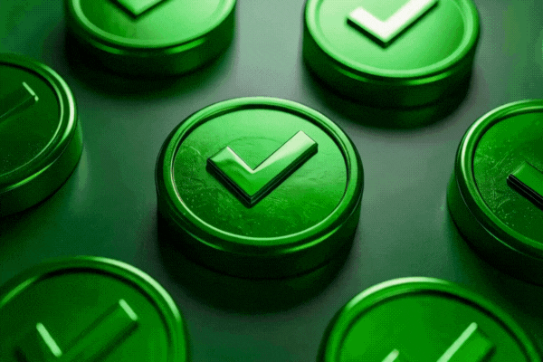 Macro shot of multiple green circular tokens with embossed check marks arranged in a repeating pattern on a smooth surface.
